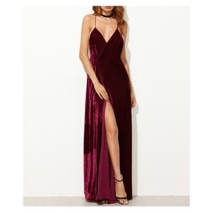 Burgundy Red Strappy Backless Velvet Wrap Dress